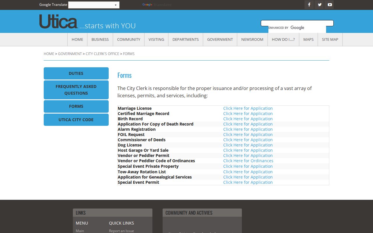 Utica residents directory access through City Clerk records forms