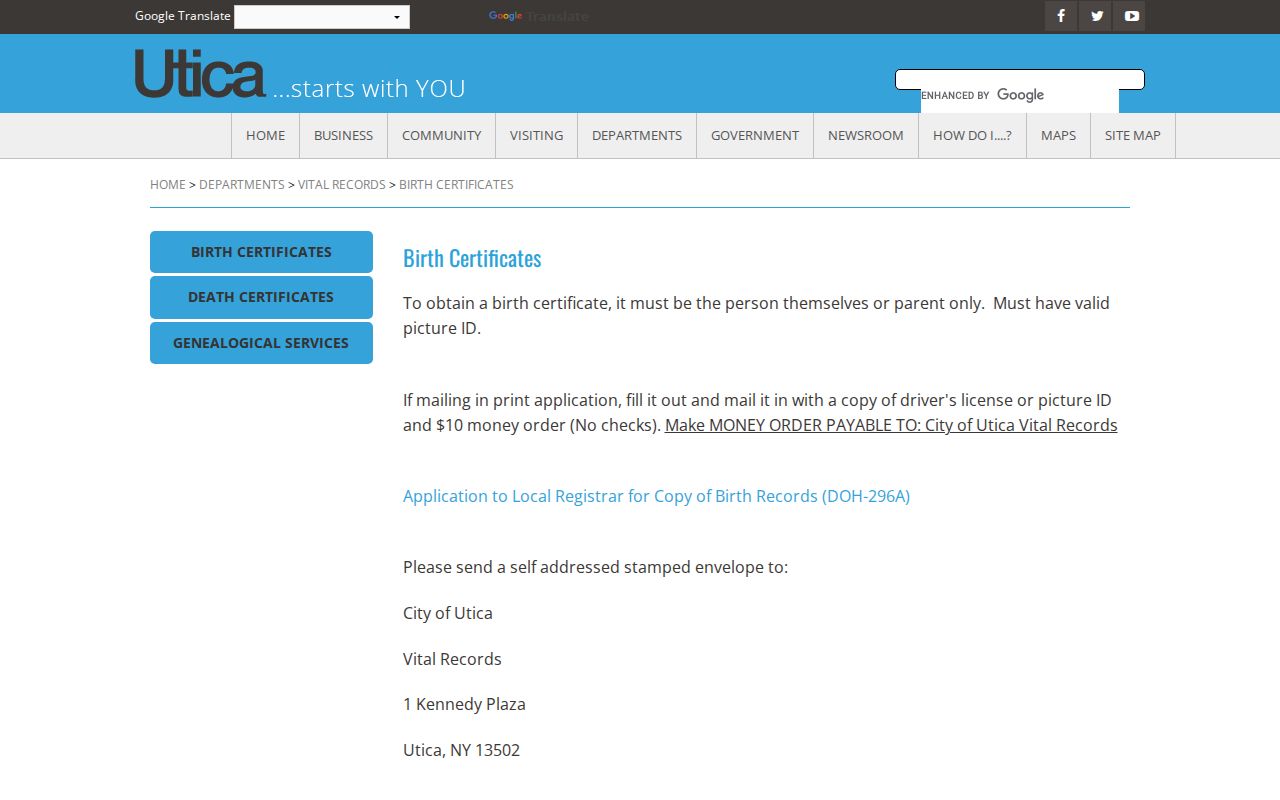 Utica resident lookup vital records birth certificate instructions