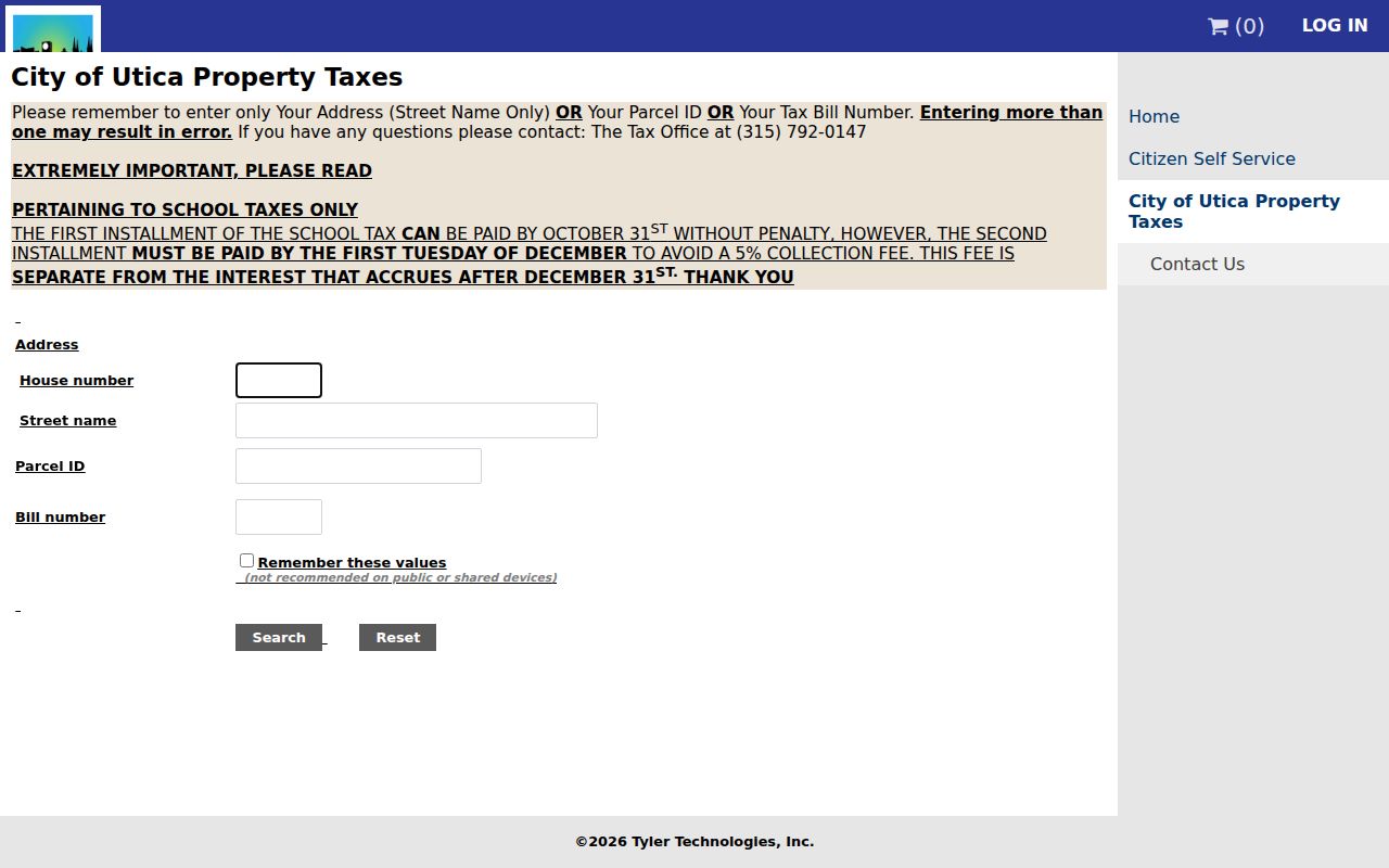 Utica street directory property-tax search fields