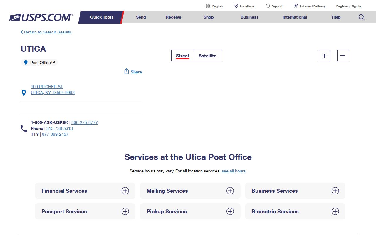 Utica ZIP code directory screenshot of USPS Utica post office details